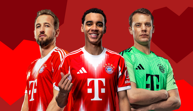 Rasmdagi uchta futbolchi Bayern Munich futbol jamoasining yangi formalarida ko‘rinmoqda. Ular, chapdan o‘ngga qarab, harakatda: birinchi futbolchi jiddiy ifoda bilan, ikkinchi tabassum qilmoqda, uchinchisi esa jamoaning darvozaboni sifatida ko‘rsatilgan. Fon qizil rangda.